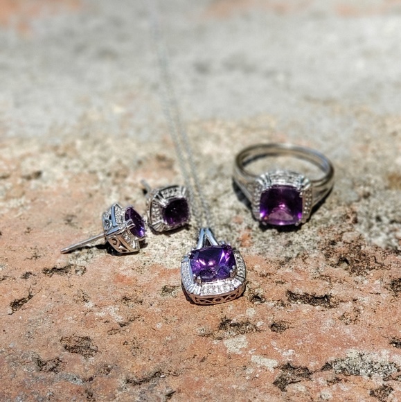 Jewelry - Amethyst Silver Earrings, Necklace and Ring Set